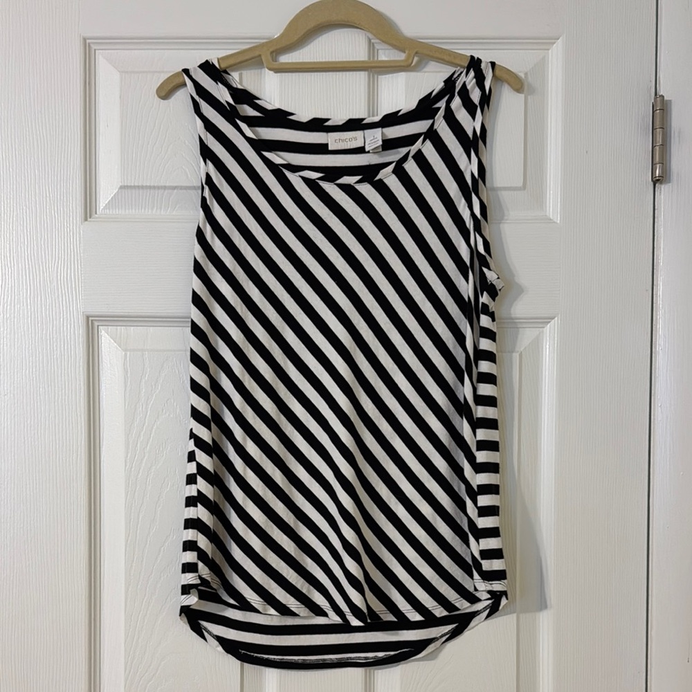 Chico's Black and White Tank Top with Stripes, Medium